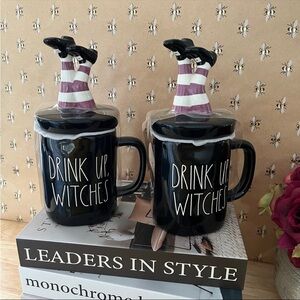 Rae Dunn DRINK UP WITCHES Halloween Mug With Legs Topper - Set of 2